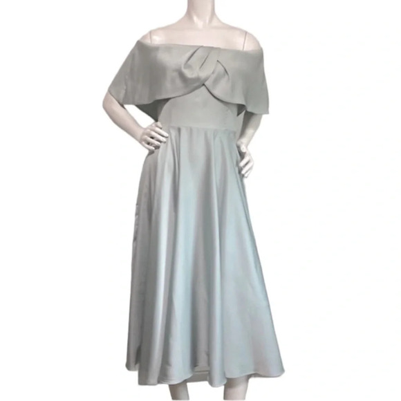 ASOS NEW Bardot Neckline Midi Dress Off Shoulder A-Line Tiered Mint Green Size 8 - Picture 1 of 5